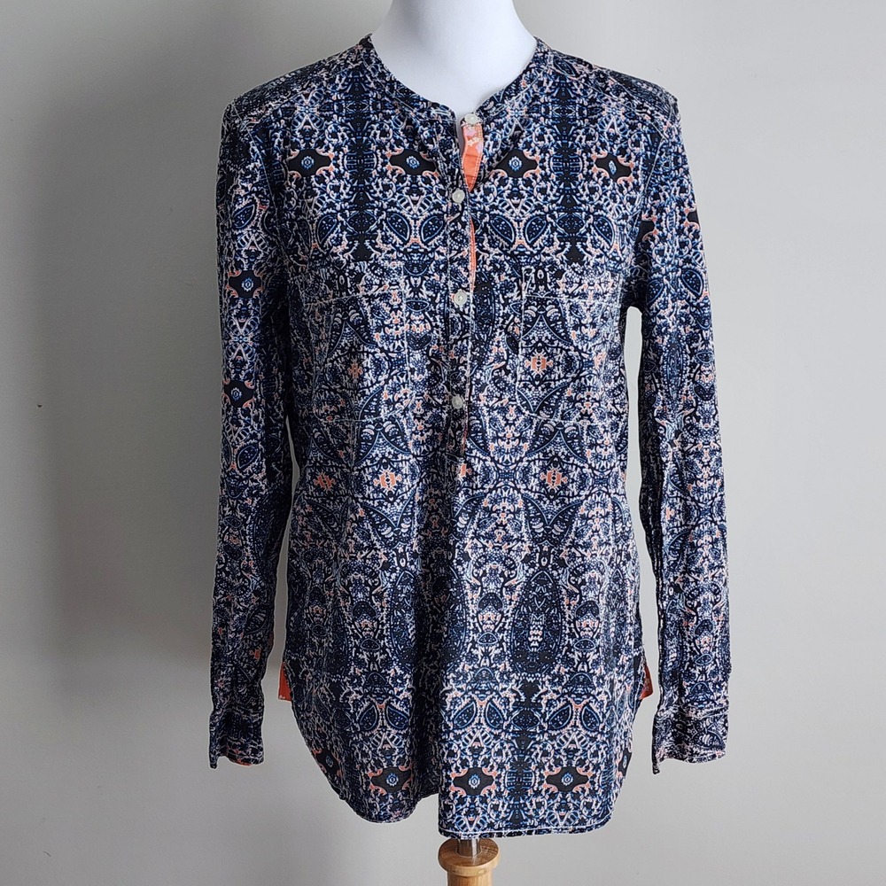 Joe Paisley Henley Tunic Top Womens Medium Blue Cotton Long Sleeve Boho Academia